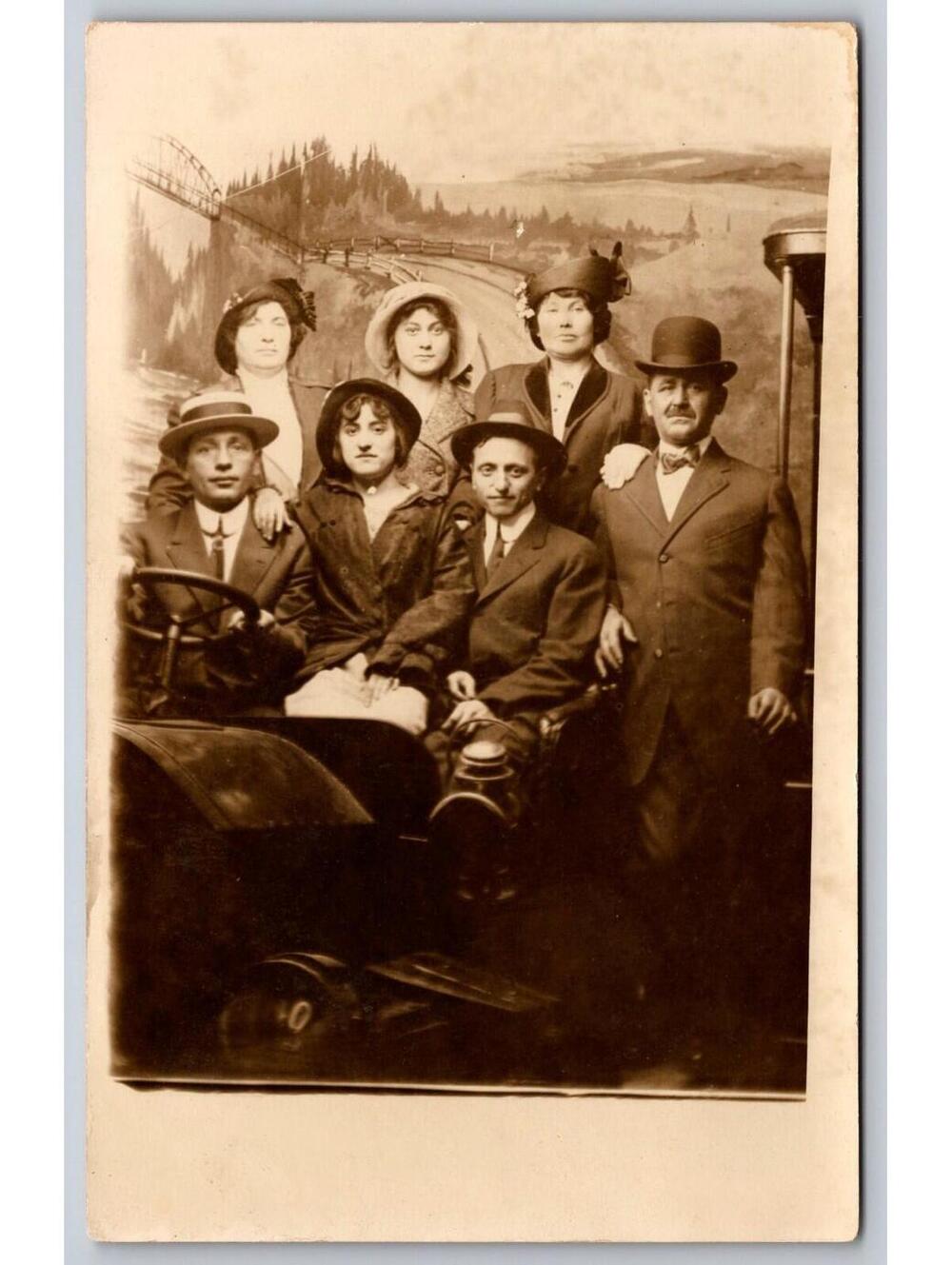 Family Of Seven In Car Prop Photo Postcard RPPC